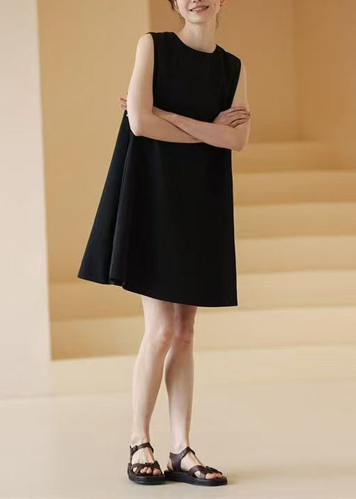 Simple Black O Neck Solid Pockets Cotton Mid Dress Sleeveless