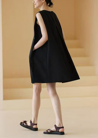 Simple Black O Neck Solid Pockets Cotton Mid Dress Sleeveless