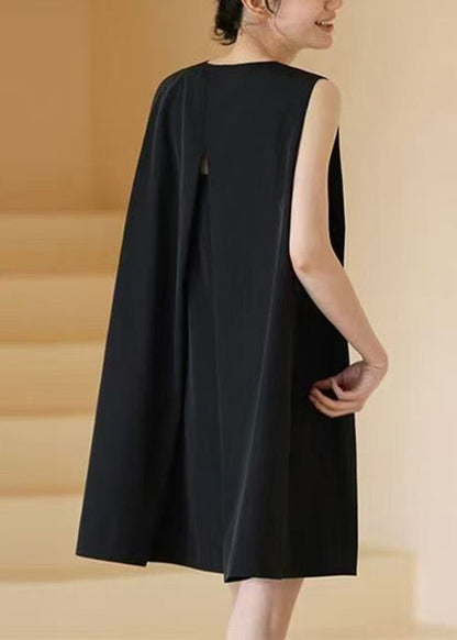 Simple Black O Neck Solid Pockets Cotton Mid Dress Sleeveless