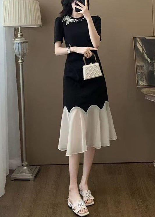 Simple Black O Neck Tulle Patchwork Cotton Dress Summer