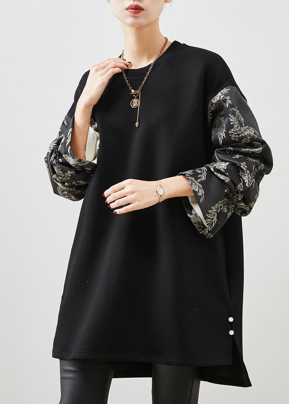 Simple Black Oversized Patchwork Print Cotton Dress Spring