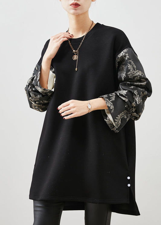 Simple Black Oversized Patchwork Print Cotton Dress Spring