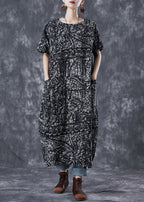 Simple Black Oversized Print Linen Robe Dresses Summer