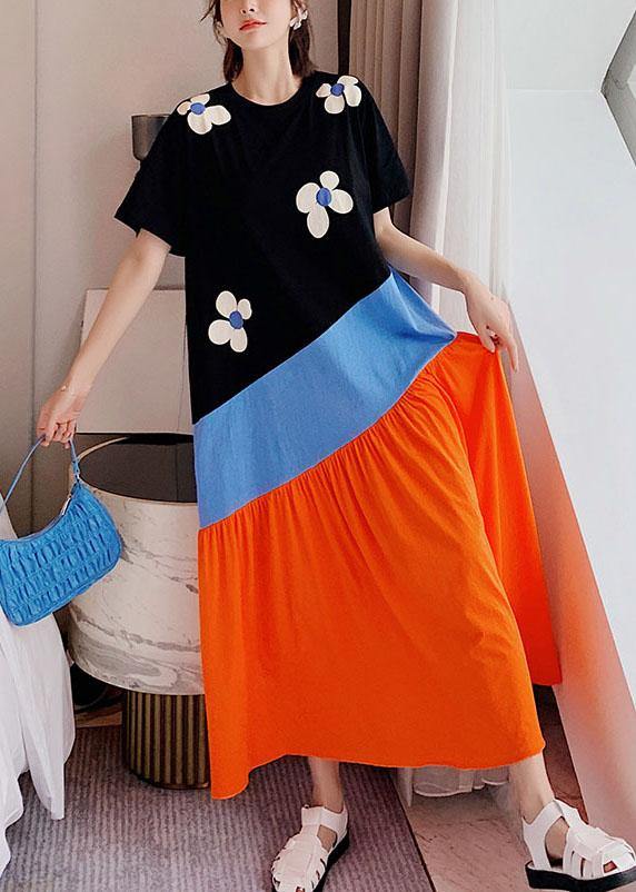 Simple Black Patchwork Print Summer Casual Holiday Dress Short Sleeve - SooLinen