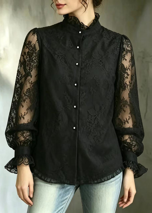 Simple Black Ruffled Stand Collar Lace Shirt Fall