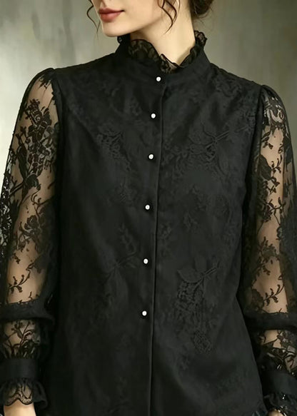 Simple Black Ruffled Stand Collar Lace Shirt Fall