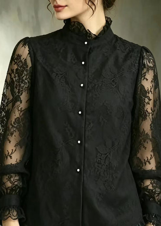Simple Black Ruffled Stand Collar Lace Shirt Fall