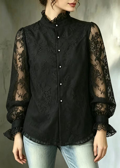 Simple Black Ruffled Stand Collar Lace Shirt Fall