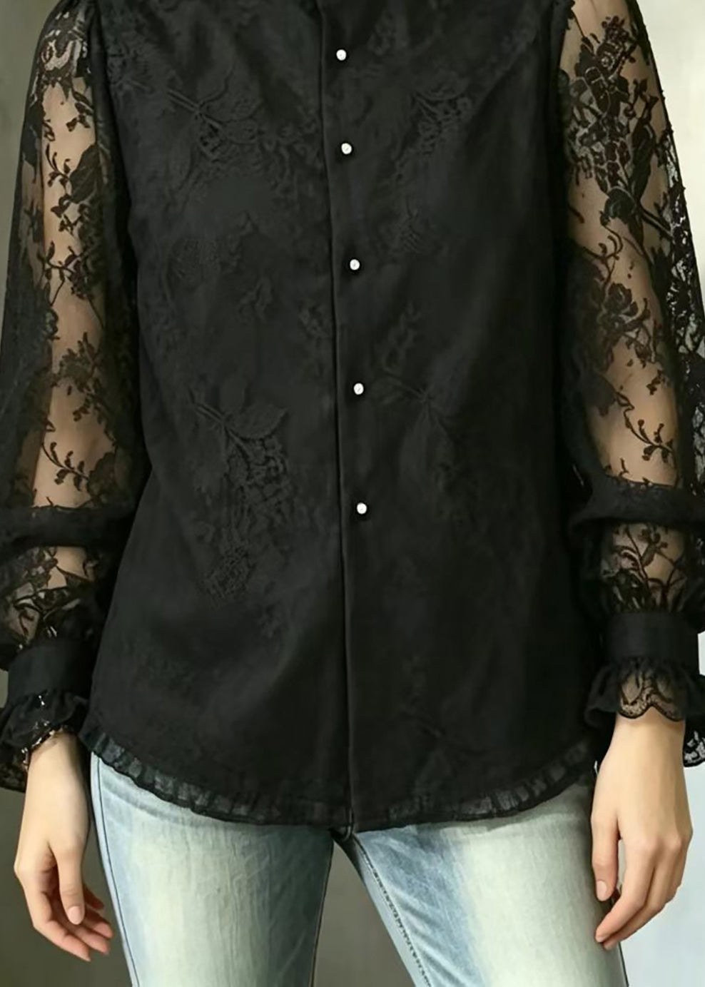 Simple Black Ruffled Stand Collar Lace Shirt Fall