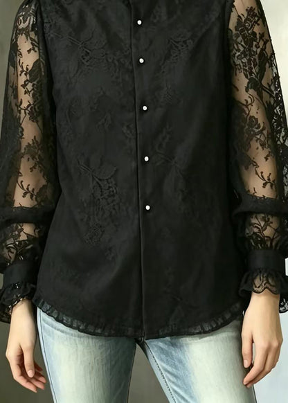 Simple Black Ruffled Stand Collar Lace Shirt Fall