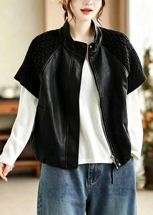 Simple Black Stand Collar Knit Patchwork Faux Leather Waistcoat Fall