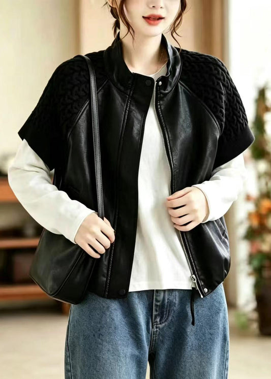 Simple Black Stand Collar Knit Patchwork Faux Leather Waistcoat Fall