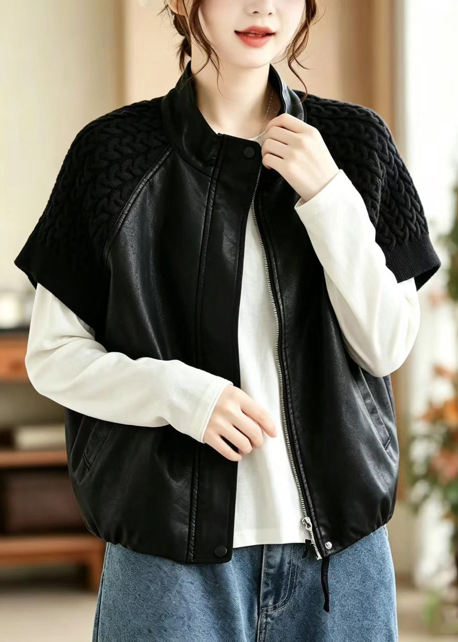 Simple Black Stand Collar Knit Patchwork Faux Leather Waistcoat Fall