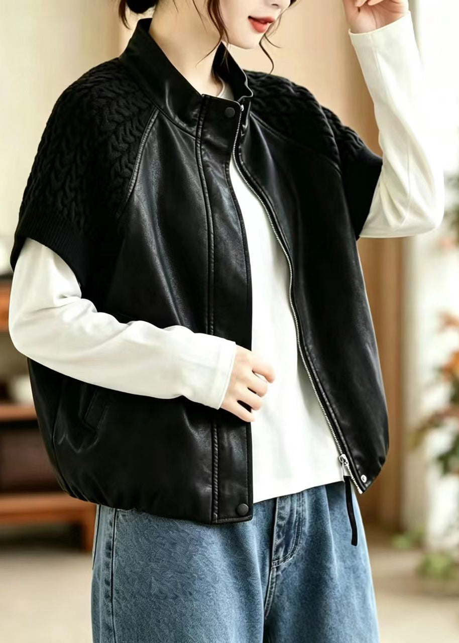 Simple Black Stand Collar Knit Patchwork Faux Leather Waistcoat Fall