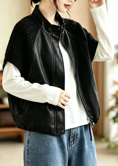 Simple Black Stand Collar Knit Patchwork Faux Leather Waistcoat Fall