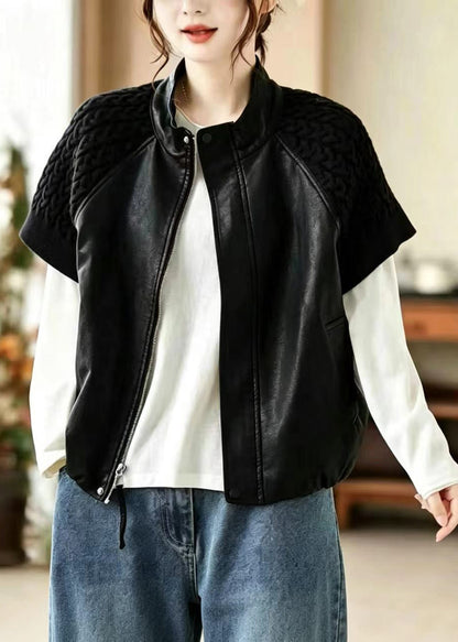 Simple Black Stand Collar Knit Patchwork Faux Leather Waistcoat Fall