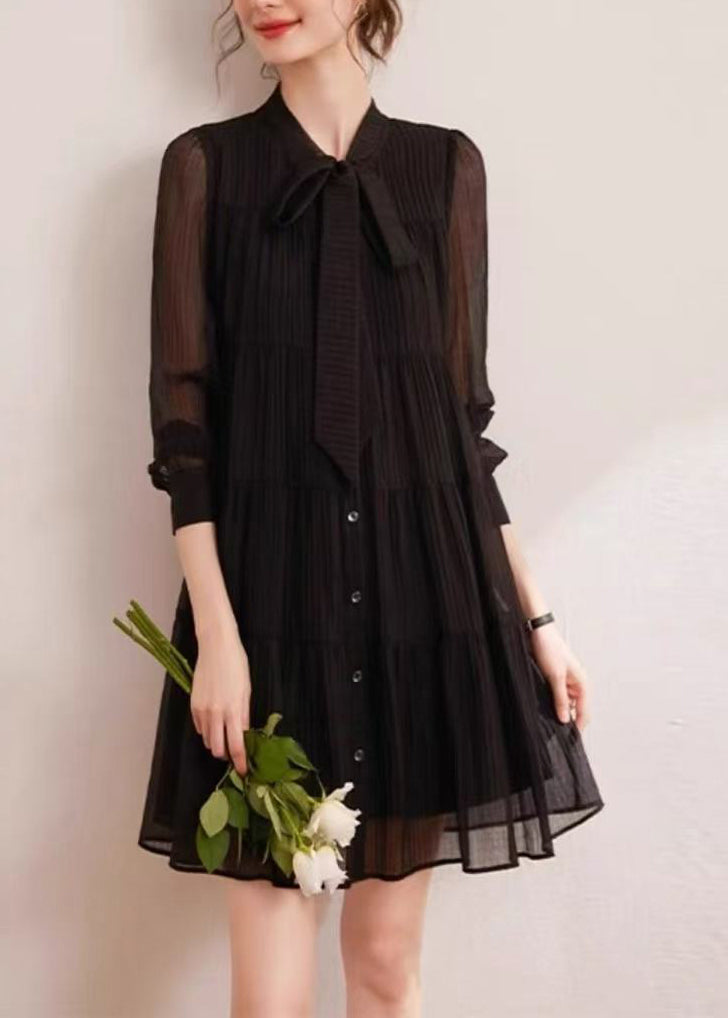 Simple Black Stand Collar Lace Up Bow Wrinkled Vacation Dresses Fall