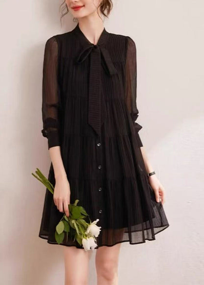 Simple Black Stand Collar Lace Up Bow Wrinkled Vacation Dresses Fall