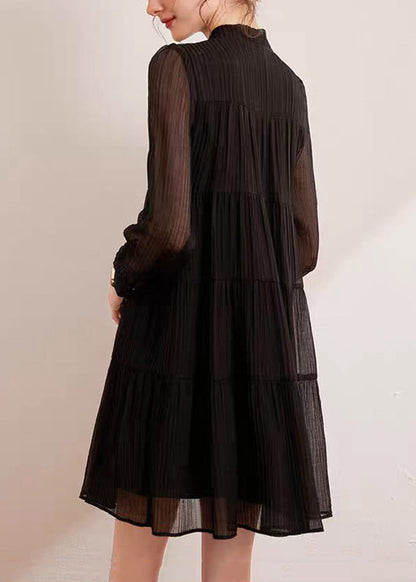 Simple Black Stand Collar Lace Up Bow Wrinkled Vacation Dresses Fall