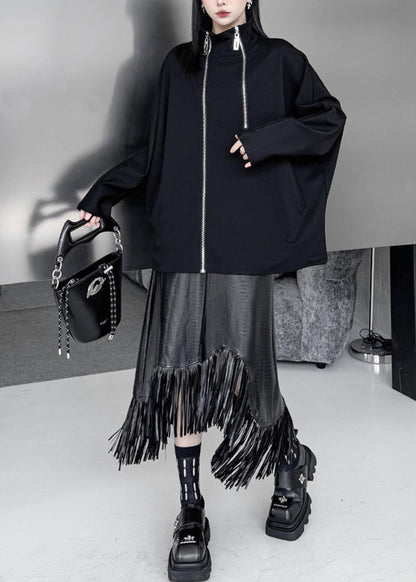 Simple Black Stand Collar Zip Up Oversized Cotton Jacket Batwing Sleeve