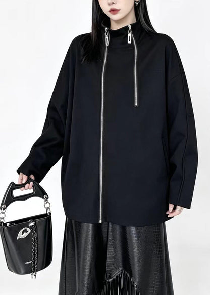 Simple Black Stand Collar Zip Up Oversized Cotton Jacket Batwing Sleeve