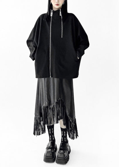 Simple Black Stand Collar Zip Up Oversized Cotton Jacket Batwing Sleeve