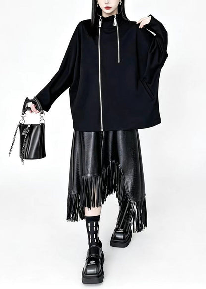 Simple Black Stand Collar Zip Up Oversized Cotton Jacket Batwing Sleeve