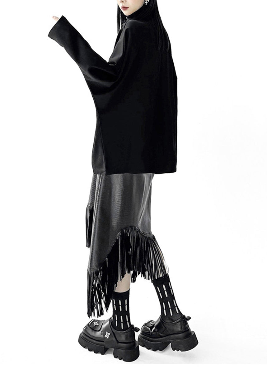 Simple Black Stand Collar Zip Up Oversized Cotton Jacket Batwing Sleeve