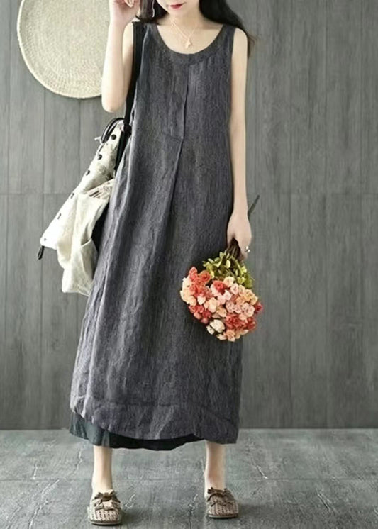 Simple Black Striped O-Neck Long Dresses Sleeveless