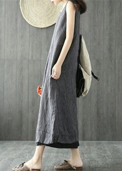 Simple Black Striped O-Neck Long Dresses Sleeveless