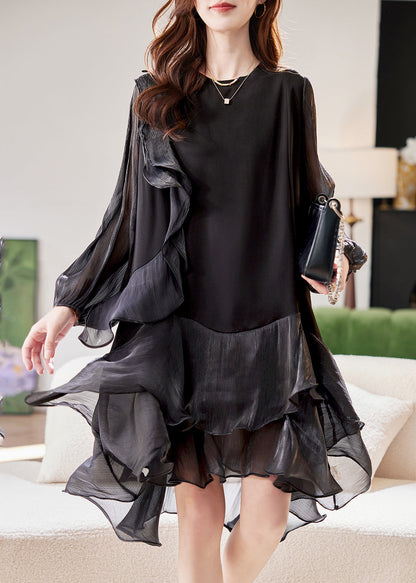 Simple Black Tulle Patchwork Holiday Mid Dress Lantern Sleeve