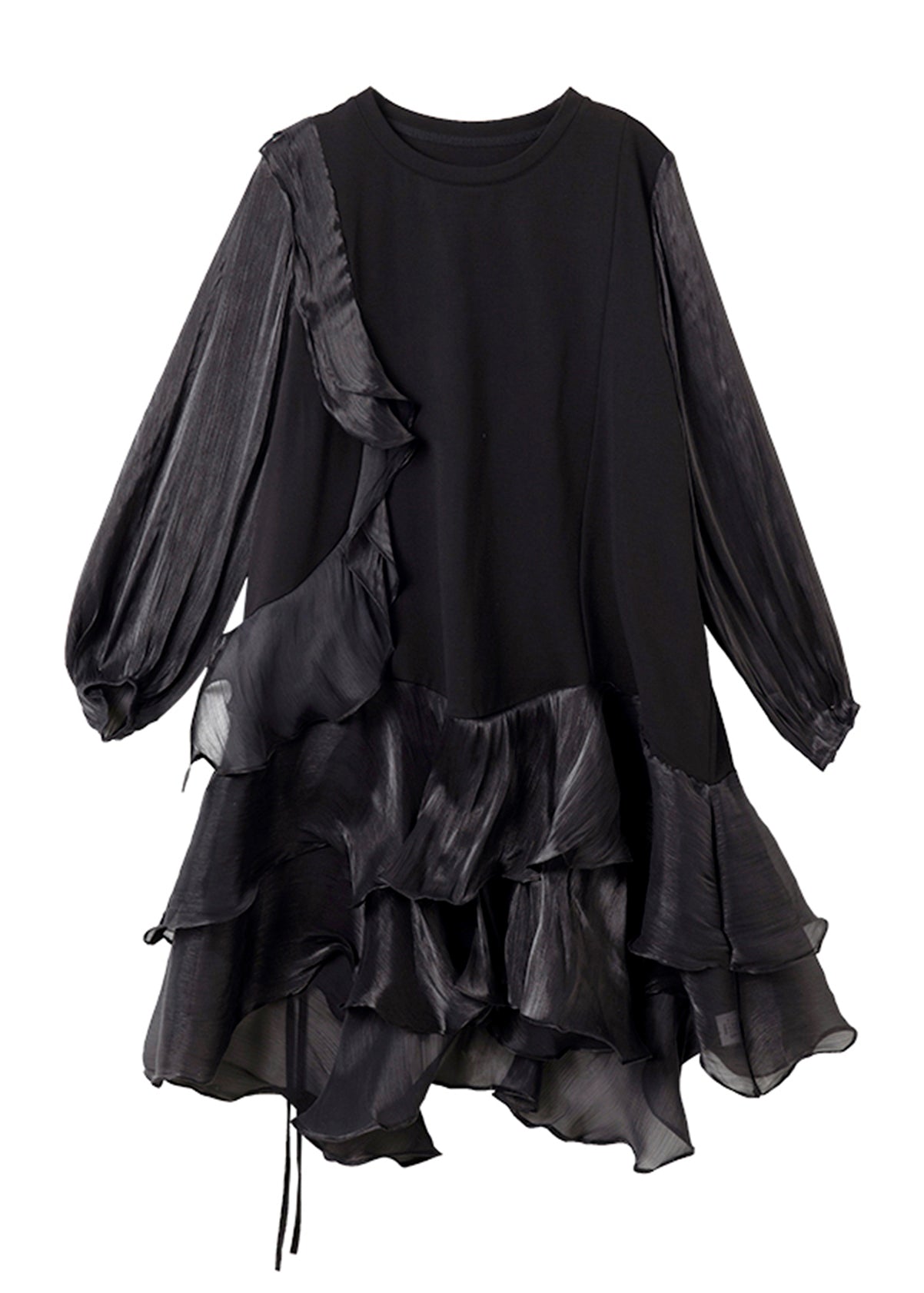 Simple Black Tulle Patchwork Holiday Mid Dress Lantern Sleeve