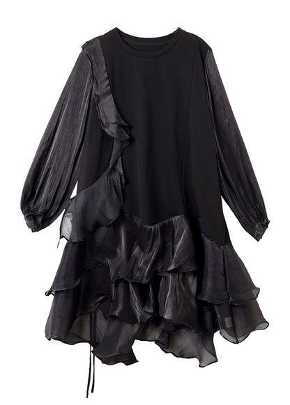 Simple Black Tulle Patchwork Holiday Mid Dress Lantern Sleeve