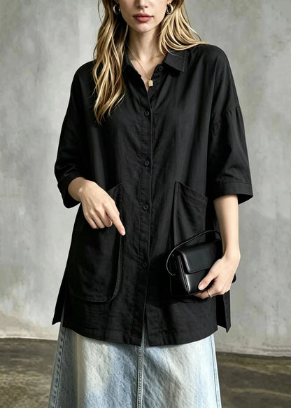 Simple Black Turn-Down Collar Big Pockets Side Open Shirt Tops Short Sleeve
