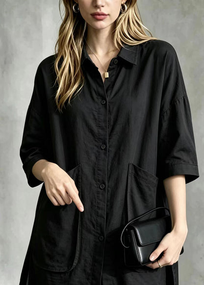 Simple Black Turn-Down Collar Big Pockets Side Open Shirt Tops Short Sleeve