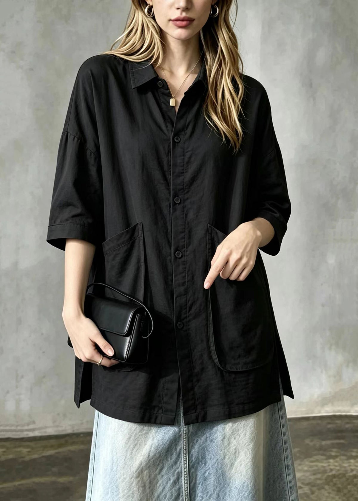 Simple Black Turn-Down Collar Big Pockets Side Open Shirt Tops Short Sleeve