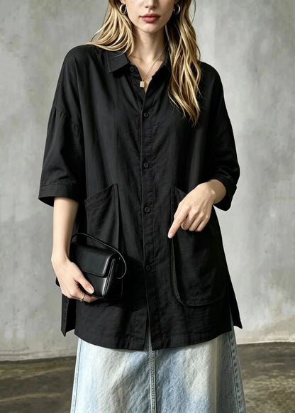 Simple Black Turn-Down Collar Big Pockets Side Open Shirt Tops Short Sleeve
