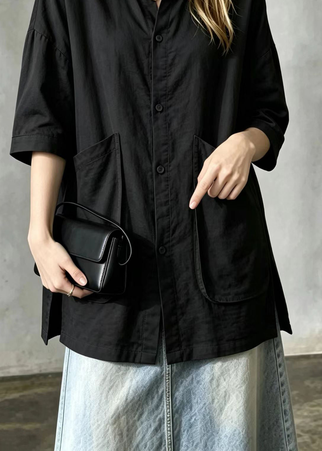 Simple Black Turn-Down Collar Big Pockets Side Open Shirt Tops Short Sleeve