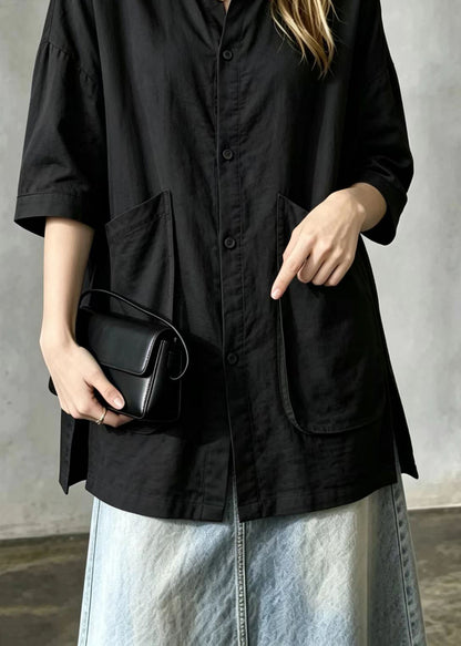Simple Black Turn-Down Collar Big Pockets Side Open Shirt Tops Short Sleeve
