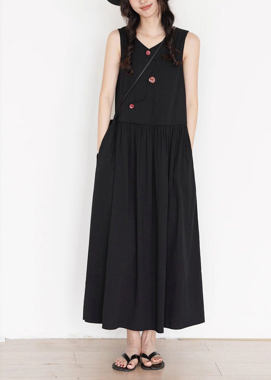 Simple Black V Neck Button Cotton A Line Dress Summer