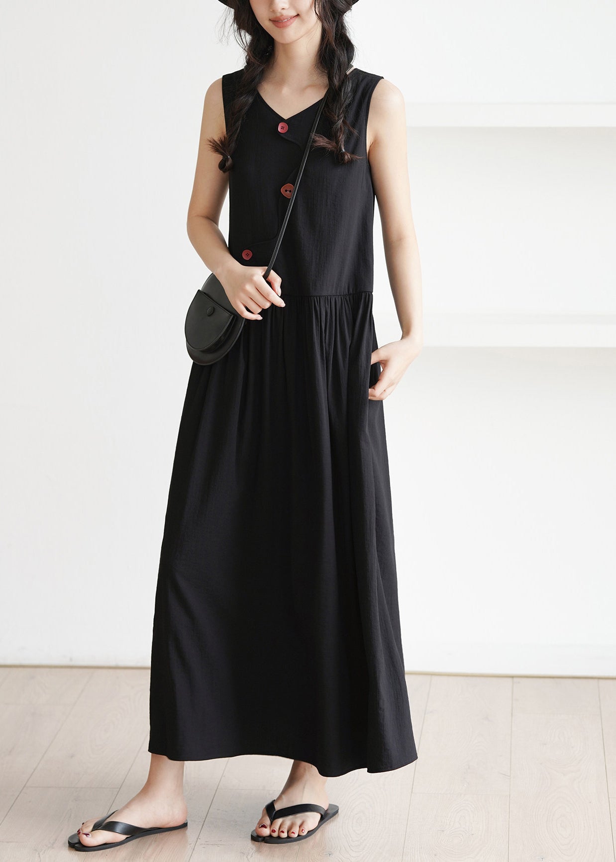 Simple Black V Neck Button Cotton A Line Dress Summer