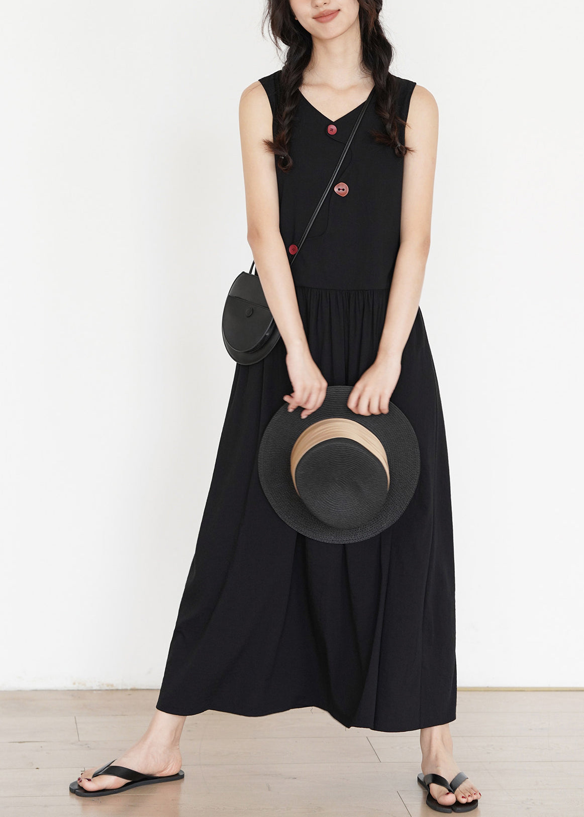 Simple Black V Neck Button Cotton A Line Dress Summer