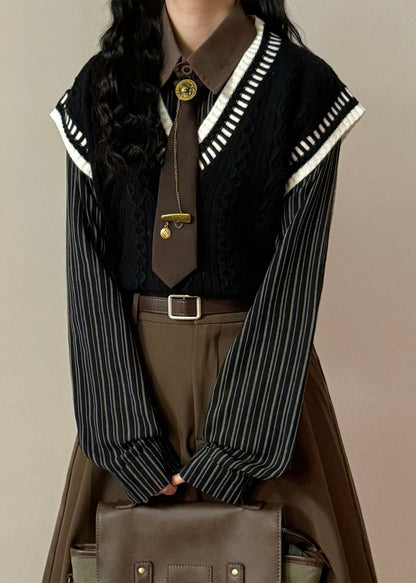 Simple Black V Neck Cozy Patchwork Cable Knit Vest Sleeveless