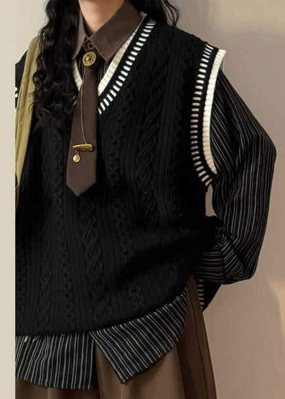 Simple Black V Neck Cozy Patchwork Cable Knit Vest Sleeveless