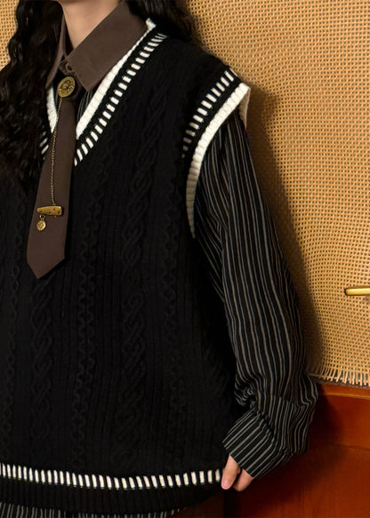 Simple Black V Neck Cozy Patchwork Cable Knit Vest Sleeveless