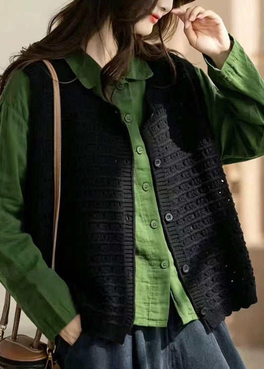 Simple Black V Neck Hollow Out Button Knit Waistcoat Fall