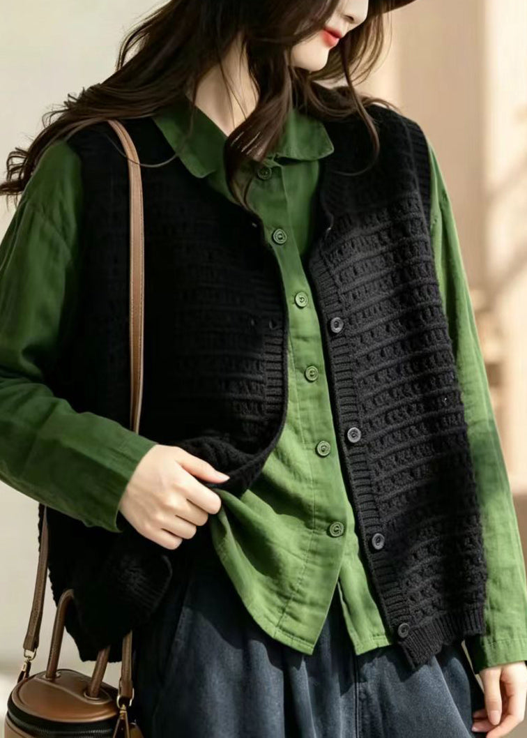 Simple Black V Neck Hollow Out Button Knit Waistcoat Fall