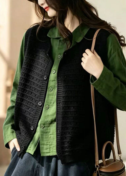 Simple Black V Neck Hollow Out Button Knit Waistcoat Fall