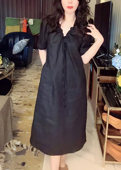 Simple Black V Neck Lace Up Pockets Linen Long Dress Summer