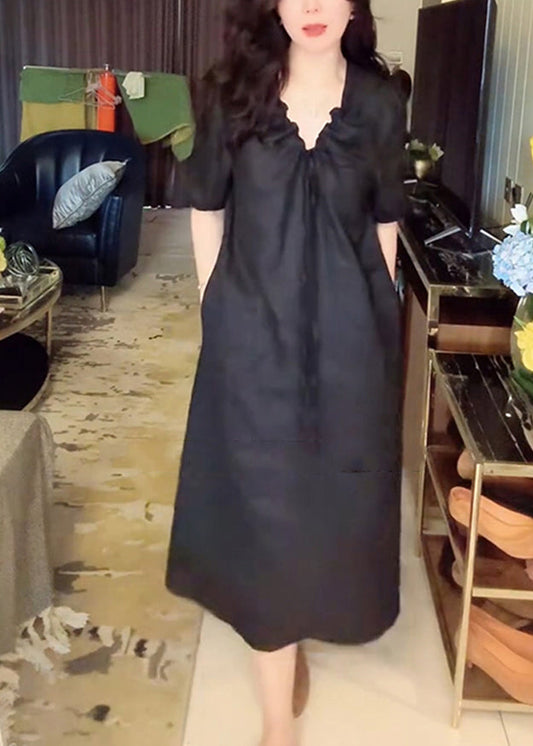 Simple Black V Neck Lace Up Pockets Linen Long Dress Summer